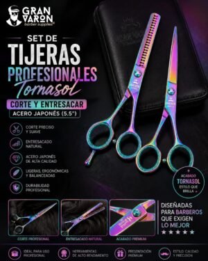 Set de Tijeras Profesionales Gran Varón Barber Tornasol: Corte y Entresacar en Acero Japonés (5.5")