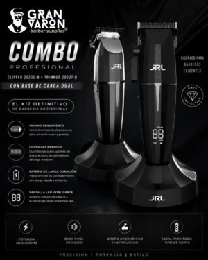 4 Combo JRL Onyx Collection: Clipper 2020C-B + Trimmer 2020T-B con Base de Carga Dual – El Kit Definitivo de Barbería Profesional