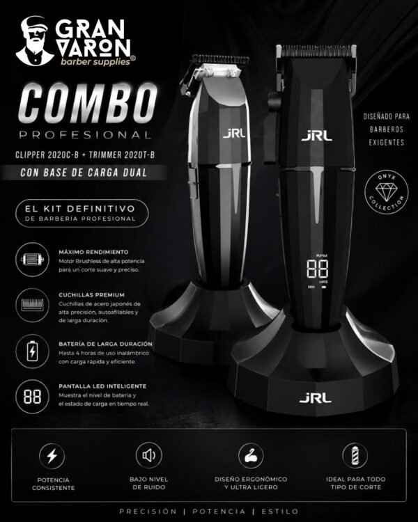 Combo JRL Onyx Collection: Clipper 2020C-B + Trimmer 2020T-B con Base de Carga Dual – El Kit Definitivo de Barbería Profesional