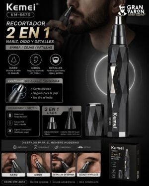 4 Recortador 2 en 1 Kemei KM-6673 - Nariz, Oído y Detalles de Barba/Cejas - Recargable y Portátil