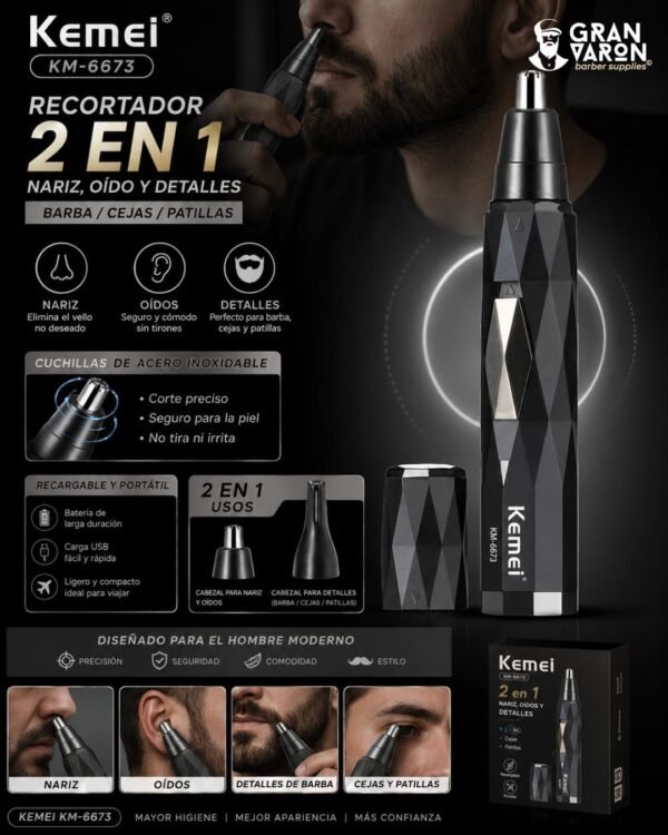 4 Recortador 2 en 1 Kemei KM-6673 - Nariz, Oído y Detalles de Barba/Cejas - Recargable y Portátil