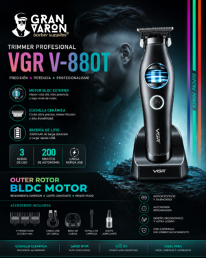 4 Trimmer Profesional VGR V-880T: Motor BLDC de Rotor Externo y Base de Carga