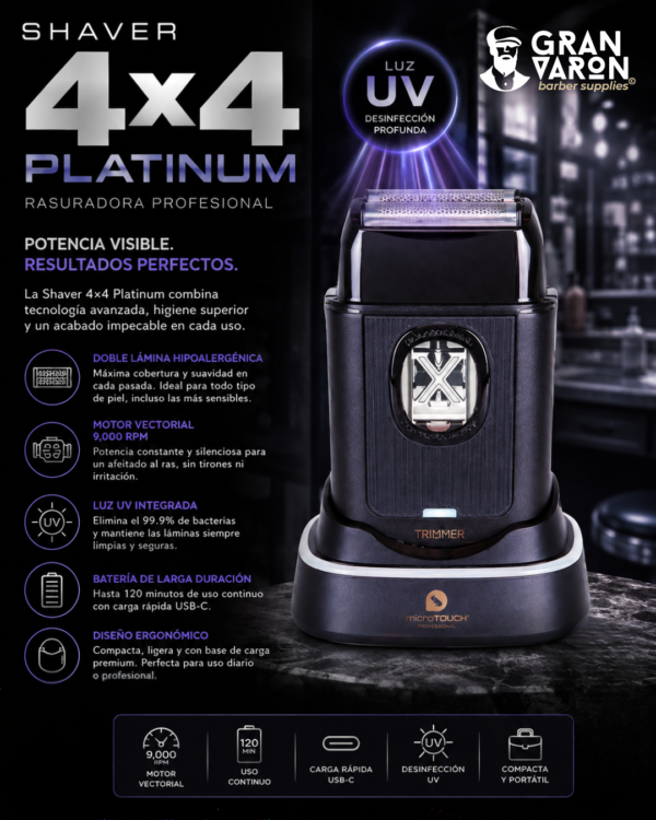 Rasuradora Profesional Shaver 4x4 Platinum con Luz UV – Motor Vectorial 9,000 RPM