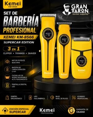 5 Set de Barbería Profesional Kemei KM-8566 Supercar Edition - Kit 3 en 1: Clipper, Trimmer y Shaver