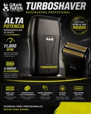 5 Rasuradora Profesional 4x4 Turboshaver – Shaver de Alta Potencia 11,000 RPM con 5 Horas de Autonomía