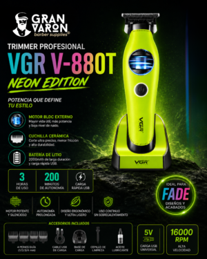 5 Trimmer Profesional VGR V-880T Neon Edition: Motor BLDC de 7200 RPM y Cuchillas MIM