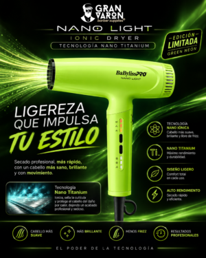 Secador Profesional BaBylissPRO Nano Light Ionic Dryer - Edición Limitada Green Neón con Tecnología Nano Titanium