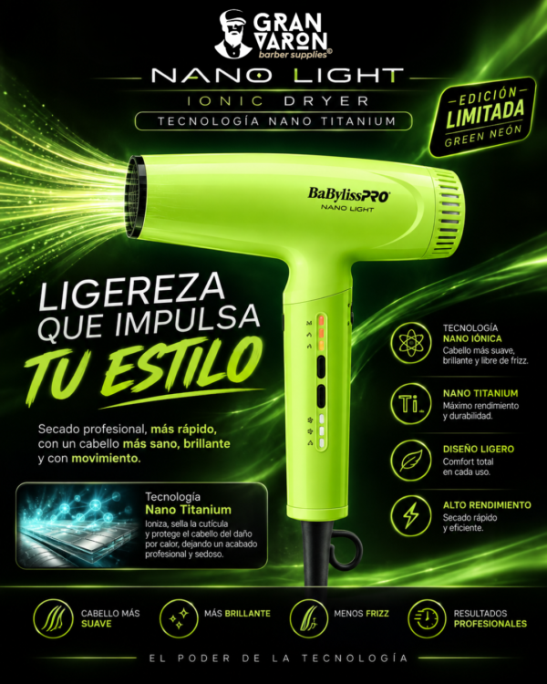 51 Secador Profesional BaBylissPRO Nano Light Ionic Dryer - Edición Limitada Green Neón con Tecnología Nano Titanium