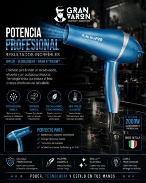 56 Secador Profesional BaBylissPRO Nano Titanium™ – Iónico y Ultraligero (Azul)