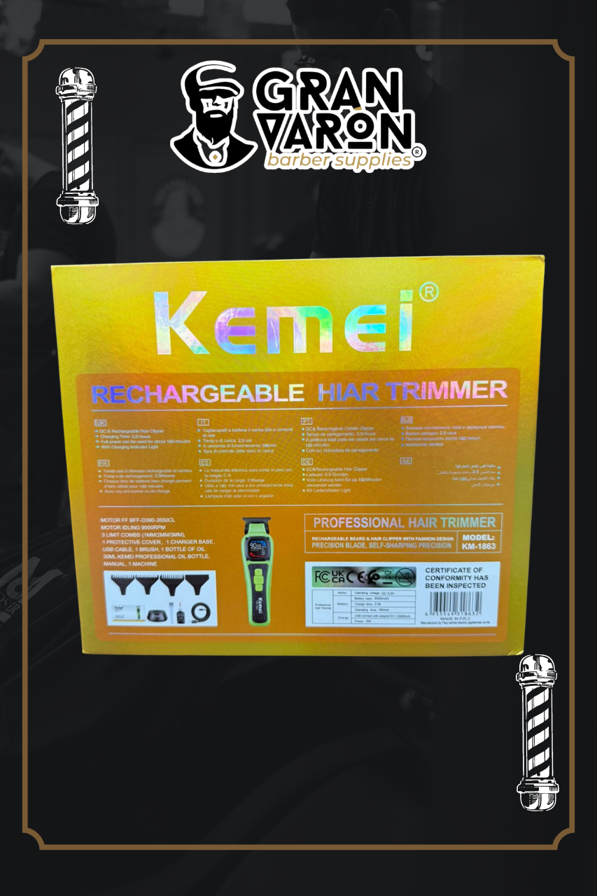 Trimmer Profesional Kemei KM-1863 - 9000 RPM, Cuchilla DLC/Cerámica y Base de Carga