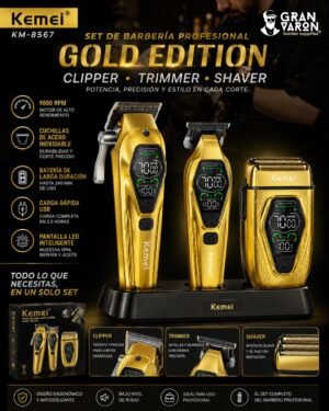 6 Set de Barbería Profesional Kemei KM-8567 Gold Edition - Clipper, Trimmer y Shaver 9000 RPM