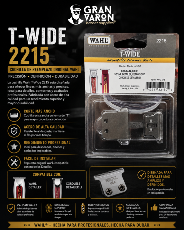60 Cuchilla Wahl Professional T-Wide 2215 - Repuesto Original para Detailer y Cordless Detailer Li