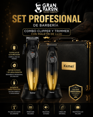 Set Profesional de Barbería Kemei Gran Varón - Combo Clipper y Trimmer con Maletín de Lujo