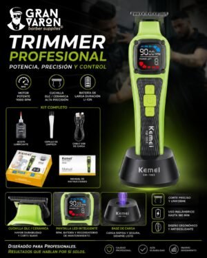 7 Trimmer Profesional Kemei KM-1863 - 9000 RPM, Cuchilla DLC/Cerámica y Base de Carga