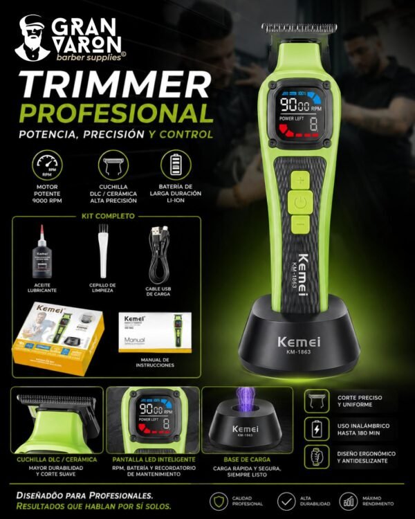 7 Trimmer Profesional Kemei KM-1863 - 9000 RPM, Cuchilla DLC/Cerámica y Base de Carga