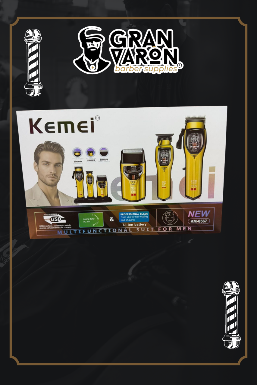 Set de Barbería Profesional Kemei KM-8567 Gold Edition - Clipper, Trimmer y Shaver 9000 RPM