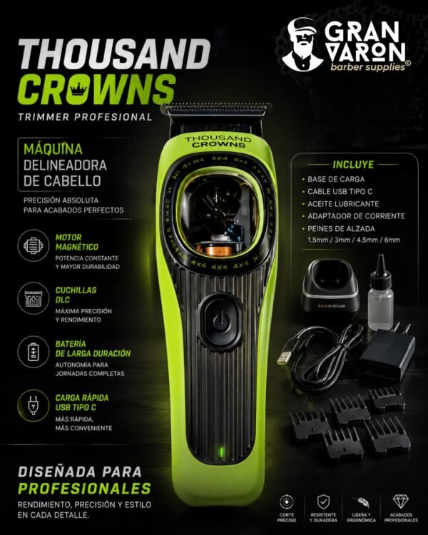 7 Trimmer Profesional 4x4 Platinum "Thousand Crowns" – Máquina Delineadora de Cabello con Motor Magnético y Cuchillas DLC
