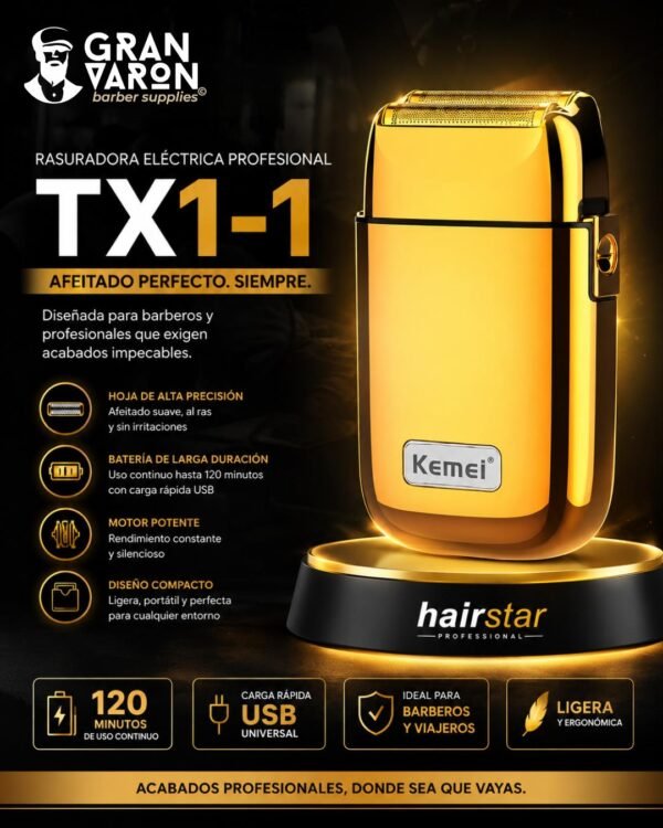 7 Rasuradora Eléctrica Profesional Hairstar TX1-1 | Acabado Metálico Gold Edition