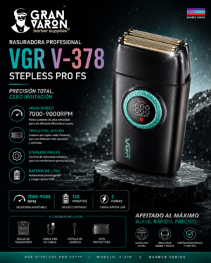 7 Rasuradora Profesional VGR V-378 Stepless Pro FS: Triple Hoja y Motor Ajustable (7000-9000 RPM)
