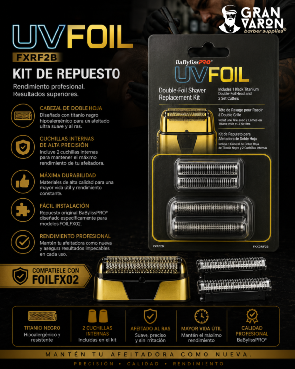Kit de Repuesto BaBylissPRO UVFOIL FXRF2B - Cabezal de Doble Hoja de Titanio Negro y 2 Cuchillas Internas