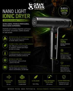 Secador Profesional BaBylissPRO Nano Light Ionic Dryer - Ultra Ligero con Tecnología Nano Titanium (Black & Green Edition)