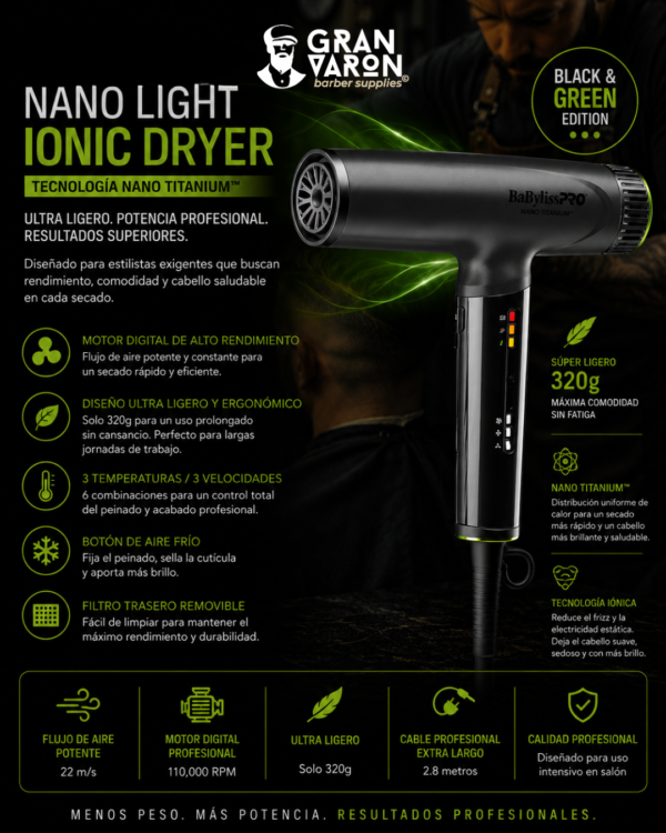 Secador Profesional BaBylissPRO Nano Light Ionic Dryer - Ultra Ligero con Tecnología Nano Titanium (Black & Green Edition)