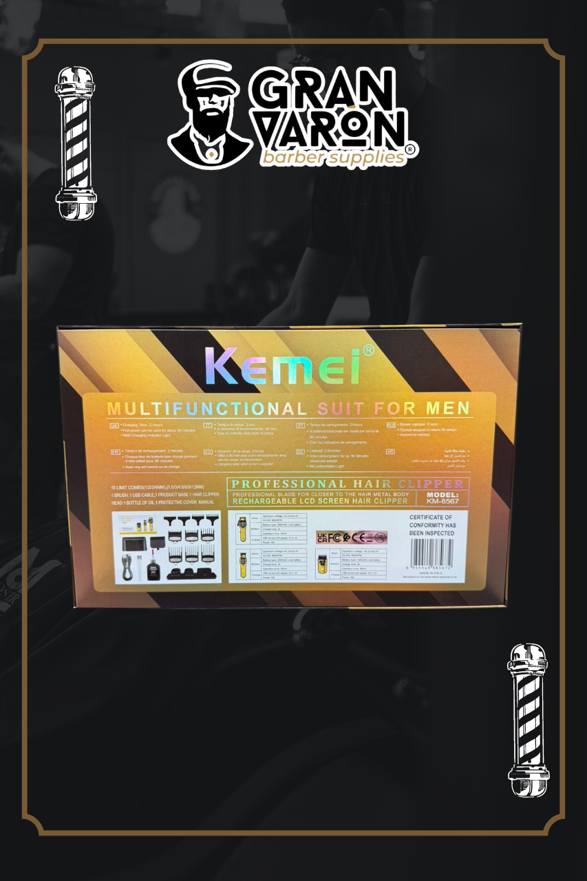 Set de Barbería Profesional Kemei KM-8567 Gold Edition - Clipper, Trimmer y Shaver 9000 RPM