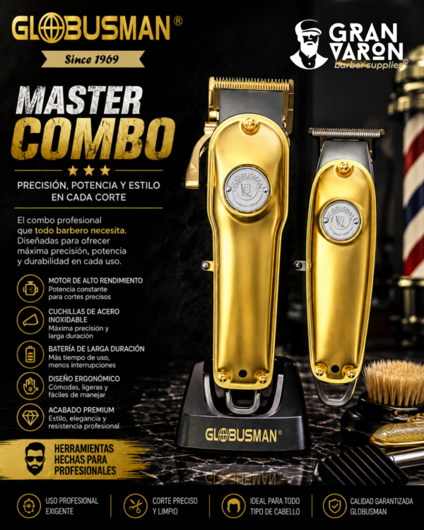 87 Globusman Master Combo: Set Profesional de Clipper y Trimmer Inalámbricas - Edición Gold