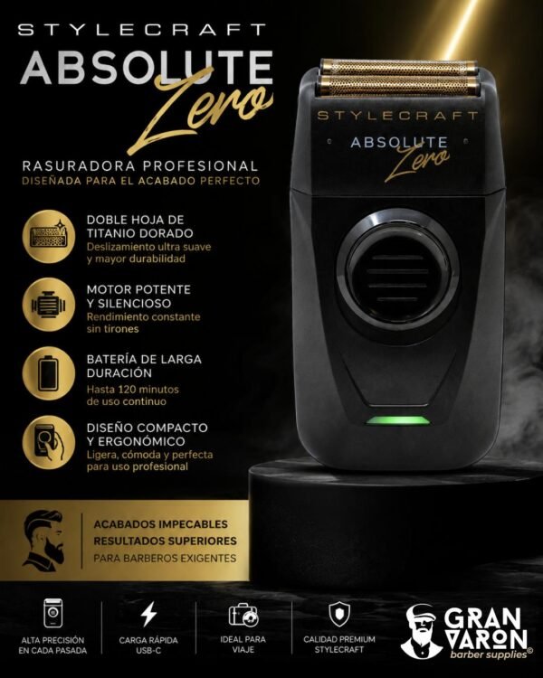Rasuradora Profesional StyleCraft Absolute Zero – Shaver de Lámina de Titanio Dorado con Recortador Retráctil