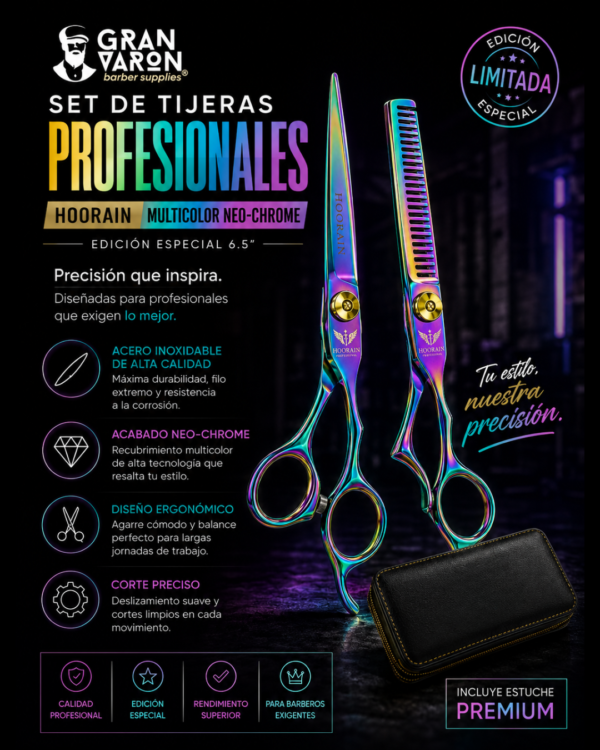 Crea una imagen promocional de este producto medidas 1080 x 1350 (1) Set de Tijeras Profesionales Hoorain Multicolor Neo-Chrome | Edición Especial 6.5"