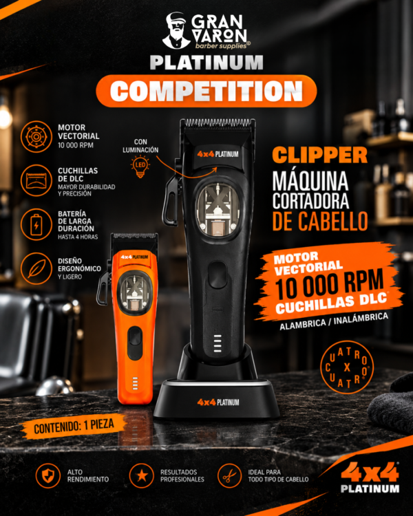 Crea una imagen promocional de este producto medidas 1080 x 1350 (1) Máquina Cortadora de Cabello Profesional 4x4 Platinum Competition - Motor Vectorial 10,000 RPM