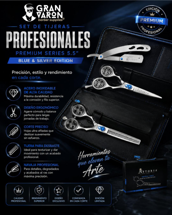 Crea una imagen promocional de este producto medidas 1080 x 1350 Set de Tijeras Profesionales Astoria - Premium Series 5.5" Blue & Silver Edition