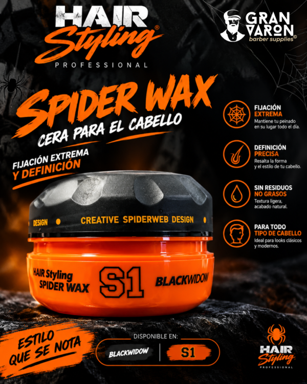 Crea una imagen promocional de este producto medidas 1080 x 1350 Nishman Spider Wax S1 Black Widow - Cera de Araña para Peinado (150ml)
