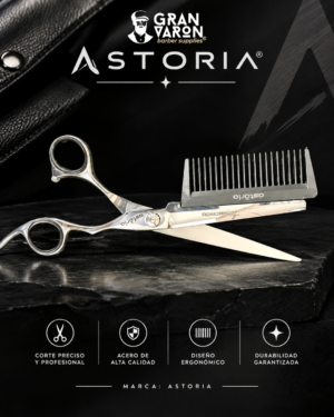 Crea una imagen promocional de este producto medidas 1080 x 1350 Tijera Híbrida Profesional Astoria - Comb Scissors Silver Edition (Corte + Peine de Precisión)
