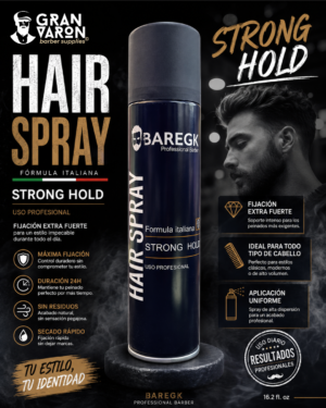 Crea una imagen promocional de este producto medidas 1080 x 1350 Hair Spray BAREGK Professional Barber - Strong Hold (Fijación Fuerte) - 200ml