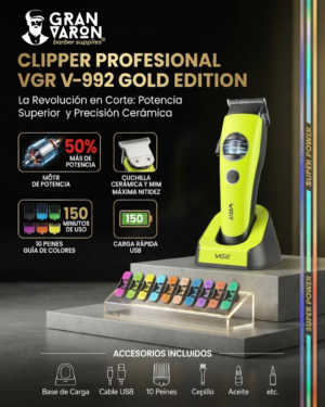 Clipper Profesional VGR V-992 Gold Edition: 9000 RPM, Cuerpo Metálico y Base de Carga