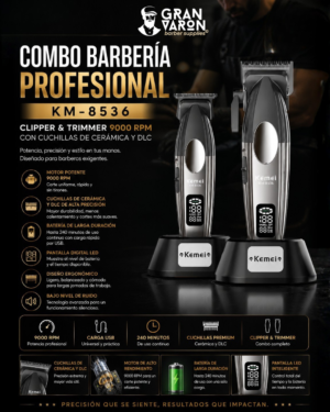 Combo Barbería Profesional Kemei KM-8536 - Clipper & Trimmer 9000 RPM con Cuchillas de Cerámica y DLC