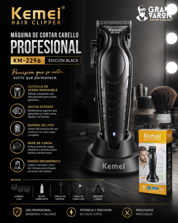 Diseño sin título Máquina de Cortar Cabello Profesional Kemei KM-2296 - Edición Black con Base de Carga