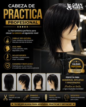 Cabeza de Práctica Profesional 100% Cabello Natural (30 cm)