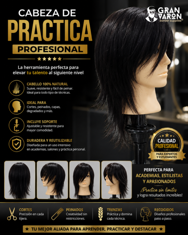 5 Cabeza de Práctica Profesional 100% Cabello Natural (30 cm)